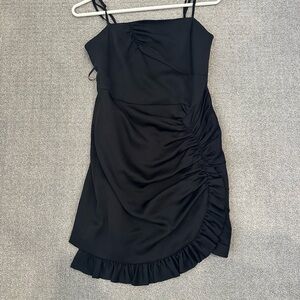 Black Ruched Ruffle Mini Dress - Women's Sleek Spaghetti Strap